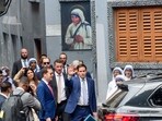 US Secretary of State Marco Rubio waves during his visit to the Mother House, the global headquarters of Saint Teresa's Missionaries of Charity, in Kolkata on Saturday. US Secretary of State Marco Rubio waves during his visit to the Mother House, the global headquarters of Saint Teresa's Missionaries of Charity, in Kolkata on Saturday.