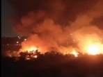 Around 25 fire tenders battled a massive blaze that broke out at a furniture market near Delhi Metro’s Seelampur station in northeast Delhi’s Shastri Park area. (Screenshot) Around 25 fire tenders battled a massive blaze that broke out at a furniture market near Delhi Metro’s Seelampur station in northeast Delhi’s Shastri Park area. (Screenshot)