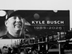 A general view of an LED screen displaying a tribute to Kyle Busch prior to practice for the NASCAR Cup Series Coca-Cola 600 Charbroil 300 at Charlotte Motor Speedway in Concord, North Carolina.