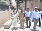Officials inspecting security arrangements at Kashi Vishwanath Dham. (HT PHOTO)