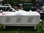 The Pawan III air purifier system installed near the Kirti Nagar fire station. (Vipin Kumar/HT Photo)