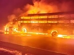 The bus on fire on the Agra–Lucknow Expressway, on Friday. (HT PHOTO)
