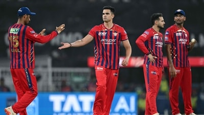 Arjun Tendulkar, who made his debut for LSG in this match, claimed the crucial wicket of Prabhsimran Singh but it wasn't enough. (AFP) Arjun Tendulkar, who made his debut for LSG in this match, claimed the crucial wicket of Prabhsimran Singh but it wasn't enough. (AFP)