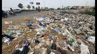 Garbage strewn along the Airport Road near TDI City. (Ravi Kumar/ HT) Garbage strewn along the Airport Road near TDI City. (Ravi Kumar/ HT)
