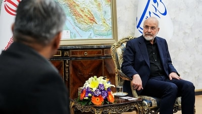 Iranian Parliament Speaker Mohammad Bagher Ghalibaf meets with Pakistan's Interior Minister Mohsin Naqvi, in Tehran, Iran, May 17. (via REUTERS)