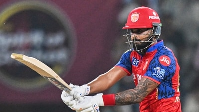 Shreyas Iyer sealed the chase in style with a six, bringing up his century as PBKS overhauled the 200-run target with two overs to spare in a must-win clash. (AP Photo) Shreyas Iyer sealed the chase in style with a six, bringing up his century as PBKS overhauled the 200-run target with two overs to spare in a must-win clash. (AP Photo)
