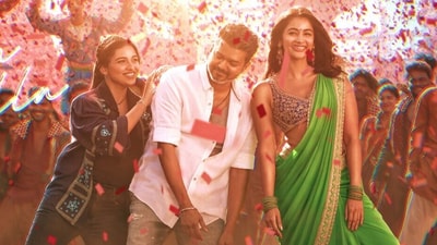 Mamitha Baiju, Vijay, and Pooja Hegde in a still from the song Thalapathy Kacheri in Jana Nayagan. Mamitha Baiju, Vijay, and Pooja Hegde in a still from the song Thalapathy Kacheri in Jana Nayagan.