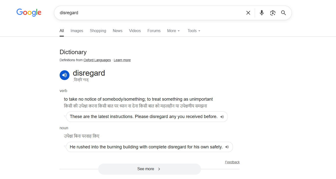 Current Google search result involving the word ‘disregard’. (Google) Current Google search result involving the word ‘disregard’. (Google)