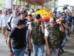 Ex army men and family members of the Bhopal alleged dowry death case victim, Twisha Sharma carry the mortal remains during her last rites at the crematorium, in Bhopal on Sunday. Ex army men and family members of the Bhopal alleged dowry death case victim, Twisha Sharma carry the mortal remains during her last rites at the crematorium, in Bhopal on Sunday.