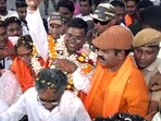 BJP candidate Debangshu Panda celebrates his victory in the Falta Assembly elections. (ANI Video Grab)