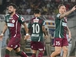 Mohun Bagan Super Giant's celebrate during the match against East Bengal FC, in Kolkata. (PTI)