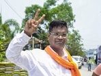 BJP candidate Debangshu Panda celebrates as he raced ahead of his nearest CPI(M) rival at Falta, in South 24 Parganas district, West Bengal.
