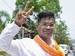 South 24 Parganas: BJP candidate Debangshu Panda celebrates as he raced ahead of his nearest CPI(M) rival by over 34,000 votes after nine rounds of counting, at Falta, in South 24 Parganas district, West Bengal, Sunday, May 24, 2026.