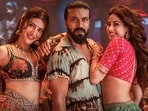 Shruti Haasan, Ram Charan and Janhvi Kapoor in a still from the song Hellallallo in Peddi. 