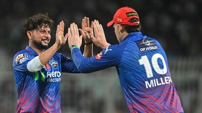 Kuldeep Yadav has had a season to forget, particularly by his standards. Brought back into the XI after a couple of matches off, Kuldeep delivered for DC – some of his best bowling of the tournament, and the wickets of Green, Rahane, and Rinku. Had an opportunity for a hat-trick too, but costed by a dropped catch. (AFP) Kuldeep Yadav has had a season to forget, particularly by his standards. Brought back into the XI after a couple of matches off, Kuldeep delivered for DC – some of his best bowling of the tournament, and the wickets of Green, Rahane, and Rinku. Had an opportunity for a hat-trick too, but costed by a dropped catch. (AFP)