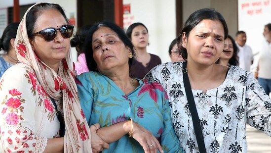 Rekha Sharma, Mother of the Bhopal alleged dowry death case victim, Twisha Sharma during her last rites at the crematorium, in Bhopal on Sunday. (Sanjeev Gupta)