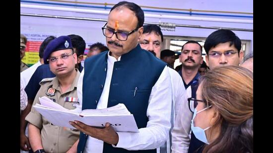 Brajesh Pathak, Uttar Pradesh’s deputy CM, inspecting the Moradabad district hospital on May 24. (Sourced)