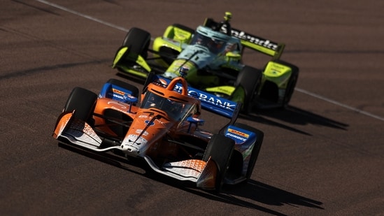 Scott Dixon, driver of the #9 PNC Bank Chip Ganassi Racing Honda, leads a pack of cars during the NTT INDYCAR Series Good Ranchers 250 (Getty Images via AFP)