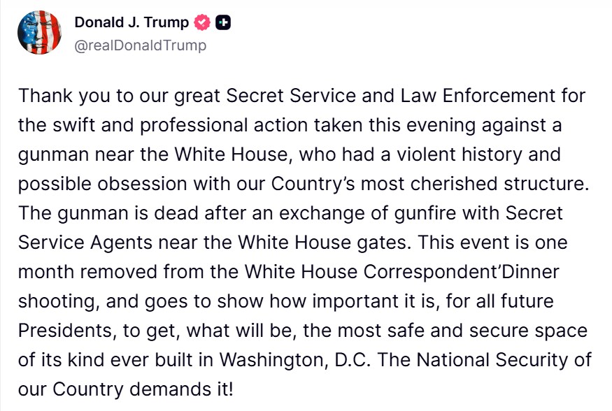 Donald Trump's statement post the White House shooting. (Donald Trump/Truth Social) Donald Trump's statement post the White House shooting. (Donald Trump/Truth Social)