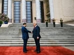US President Donald Trump being welcomed by Chinese President Xi Jinping, at Great Hall of the People, in Beijing on Thursday.  