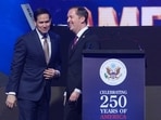 United States Secretary of State Marco Rubio, left, is greeted by US Ambassador to India Sergio Gor, as he arrives on stage to speak at an event celebrating the United States' 250th anniversary, at the Bharat Mandapam convention center, in New Delhi, India, Sunday, May 24, 2026. 