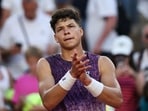 Ben Shelton reacts after his victory over Spain's Daniel Merida during their men's singles match 