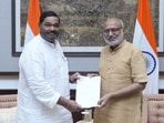 Debashish Samantaray submitting his resignation as a Rajya Sabha member to vice-president C P Radhakrishnan. (X)