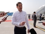 US Secretary of State Marco Rubio speaks to journalists before boarding his plane at Indira Gandhi International Airport.
