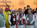 Chhattisgarh Chief Minister Vishnu Deo Sai during the Janjati Sanskritik Samagam, marking the 150th birth anniversary celebrations of tribal icon Birsa Munda, at Red Fort in New Delhi, Sunday.