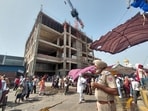 The under-construction building at Gurdwara Shaheed Ganj Sahib, where two women were killed and several others were injured after iron shuttering plates collapsed in Amritsar on Sunday. (Sameer Sehgal/HT) The under-construction building at Gurdwara Shaheed Ganj Sahib, where two women were killed and several others were injured after iron shuttering plates collapsed in Amritsar on Sunday. (Sameer Sehgal/HT)