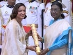 Harmanpreet Kaur receiving the Padma Shree. Harmanpreet Kaur receiving the Padma Shree.