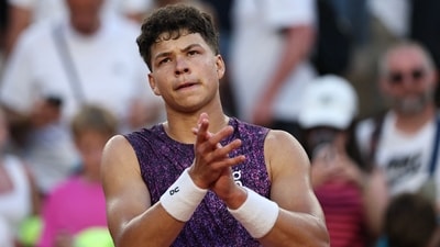 Ben Shelton reacts after his victory over Spain's Daniel Merida during their men's singles match (AFP)