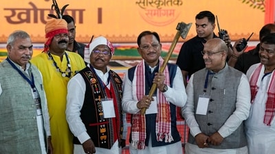 Chhattisgarh Chief Minister Vishnu Deo Sai during the Janjati Sanskritik Samagam, marking the 150th birth anniversary celebrations of tribal icon Birsa Munda, at Red Fort in New Delhi, Sunday. (PTI) Chhattisgarh Chief Minister Vishnu Deo Sai during the Janjati Sanskritik Samagam, marking the 150th birth anniversary celebrations of tribal icon Birsa Munda, at Red Fort in New Delhi, Sunday. (PTI)