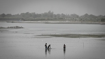 The inspection point at the barrage, from where water levels are measured, is running dry till its base. (HT Photo/ Sanchit Khanna) The inspection point at the barrage, from where water levels are measured, is running dry till its base. (HT Photo/ Sanchit Khanna)