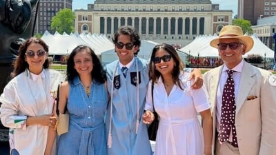 Juhi Chawla (extreme left), with son Arjun (middle) and husband Jay Mehta (right).