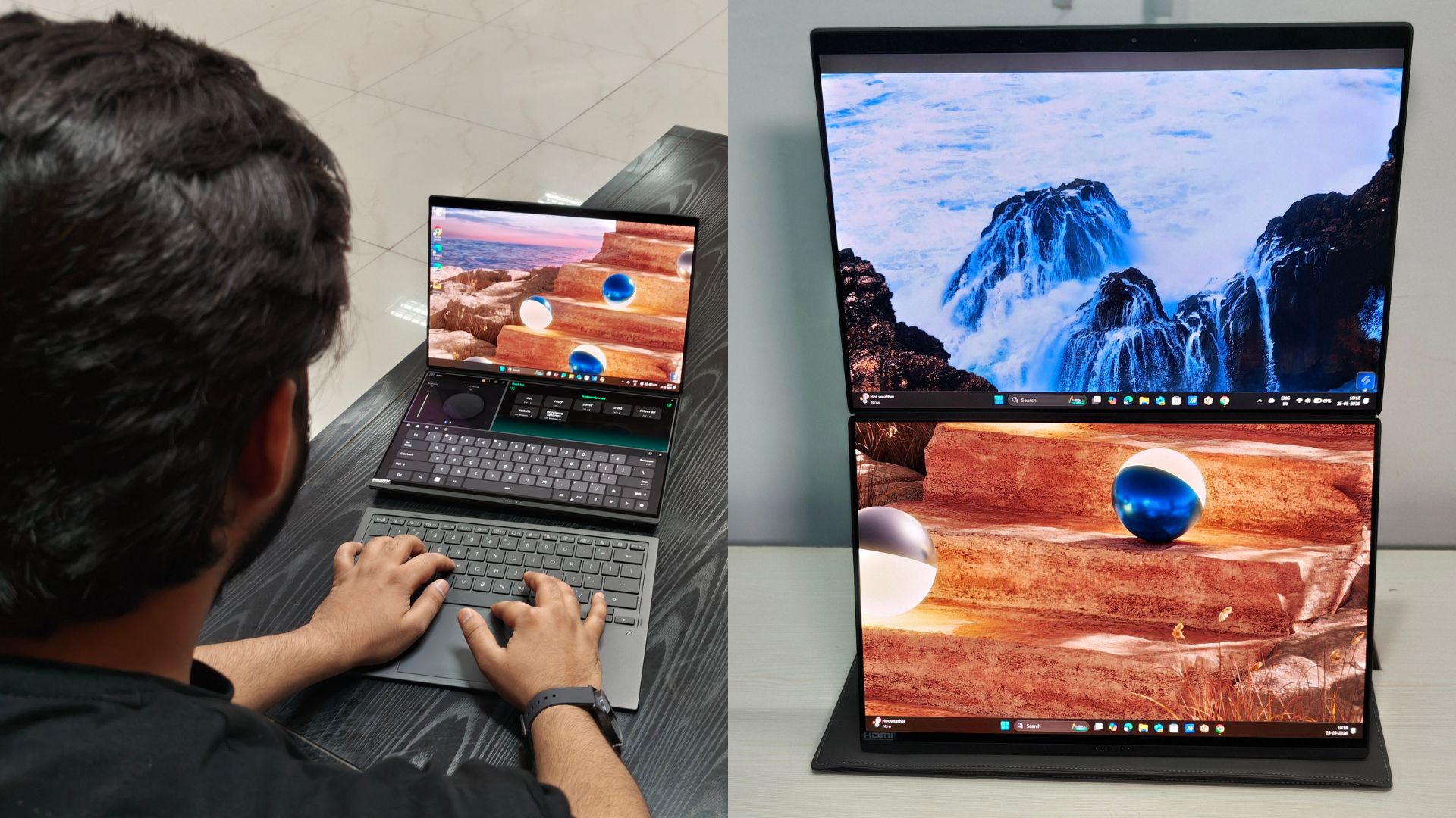 The Asus Zenbook Duo laptop features two identical 14-inch ASUS Lumina OLED displays. (Ijaj Khan - HT) The Asus Zenbook Duo laptop features two identical 14-inch ASUS Lumina OLED displays. (Ijaj Khan - HT)