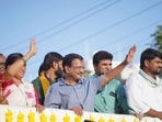 AAP national convenor Arvind Kejriwal addresses supporters during a victory procession in Gujarat’s Narmada district on Sunday.