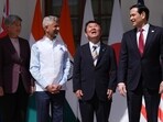 (From left) Australian Foreign Minister Penny Wong, India's Minister of External Affairs S. Jaishankar, Japanese Foreign Minister Toshimitsu Motegi and US Secretary of State Marco Rubio share a light moment as they pose before a Quad ministerial meeting at Hyderabad House in New Delhi.