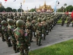 Cambodian military members participate together with government civil servants in the country's 70th Independence Day, in Phnom Penh, Cambodia, Thursday, Nov. 9, 2023. Cambodian military members participate together with government civil servants in the country's 70th Independence Day, in Phnom Penh, Cambodia, Thursday, Nov. 9, 2023.