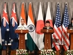 From left, Australian Foreign Minister Penny Wong, External Affairs Minister S. Jaishankar, Japanese Foreign Minister Toshimitsu Motegi and US Secretary of State Marco Rubio during a joint press conference after attending the Quad Foreign Ministers' Meeting. (HindPhoto by Arvind Yadav/HT Photo)