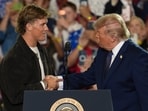 NFL quarterback Jaxson Dart, New York Giants QB, introduces Donald Trump during a Fighting For American Workers event, Friday, May 22.