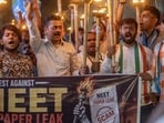 People protest against NEET paper leak in Mumbai. (Satish Bate/ HT Photo)