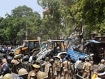 The anti-encroachment drive by LMC near the Lucknow district court. (HT File)