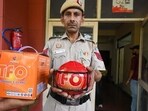 The spherical devices, weighing between 1.3 kg and 1.7 kg, contain mono ammonium phosphate-based dry powder, a foam shell, internal drive, installation brackets and a PVC covering, said Delhi Police. (RAJ K RAJ /HT PHOTO)
