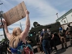 Protesters gather outside Delaney Hall which is being used as an Immigration and Customs Enforcement detention centeron May 26, 2026 in Newark, New Jersey.