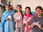 Voters wait for their turn to cast vote at a polling booth no 50 Village Dhakoli Government Primary School during MC election in Zirakpur on Tuesday. (Sant Arora/HT)