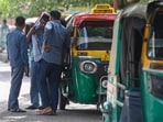 CNG prices hiked: Auto drivers waiting for passengers and rides near Botanical Garden in Noida