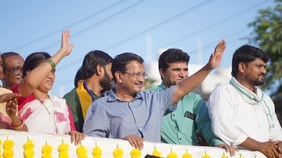 AAP national convenor Arvind Kejriwal addresses supporters during a victory procession in Gujarat’s Narmada district on Sunday. AAP national convenor Arvind Kejriwal addresses supporters during a victory procession in Gujarat’s Narmada district on Sunday.
