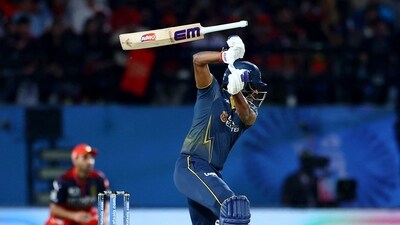 The start to GT's chase was as unfortunate as it could get. Sai Sudharsan hit a few terrific boundaries, but was dismissed in the most unlikely way – the bat slipping from his hands, hitting the turf, and spinning back onto his stumps, after he had already creamed a boundary. (REUTERS)
