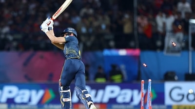 Whatever slim faith GT had vanished very quickly. Shubman Gill was undone by a beauty from Bhuvneshwar Kumar, still looking to be in the best touch of his career. Soon later, Jos Buttler also fell to Josh Hazlewood, as GT's top-class top three fell apart in the powerplay – all in all, five wickets in the first six. (REUTERS)